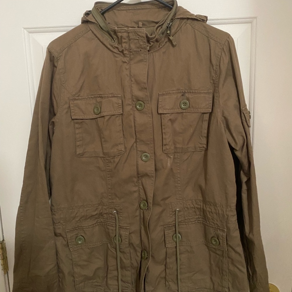 Eddie Bauer Jacket Womens Medium Green Khaki Coat Army With Removable Hood.